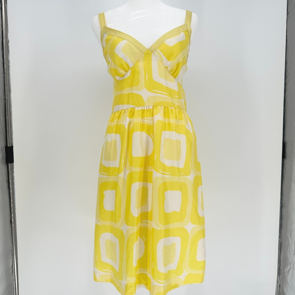 Banana Republic 100% Silk Yellow Geometric Mod‎ Print Midi Dress Womens 12